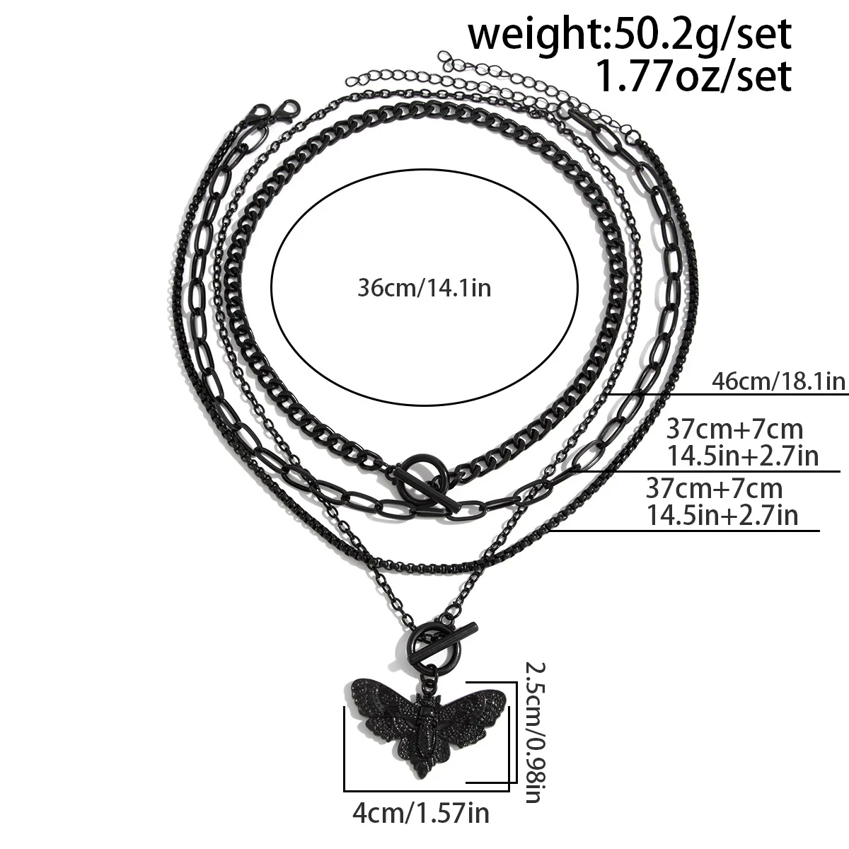 Gothic Multilayer Black OT Buckle Moth and Skeleton Pendant Necklace Set Women Punk Cuban Link Clavicle Chain Halloween