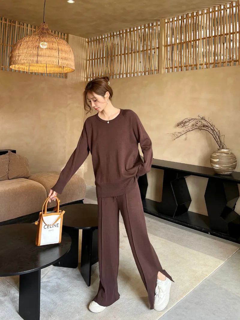 New Casual Simpler Pant Sets Knitted Korean Fashion O-neck Long Sleeve Sweater Tops + Wide Leg Pants 2 Piece Sets Women Outfit