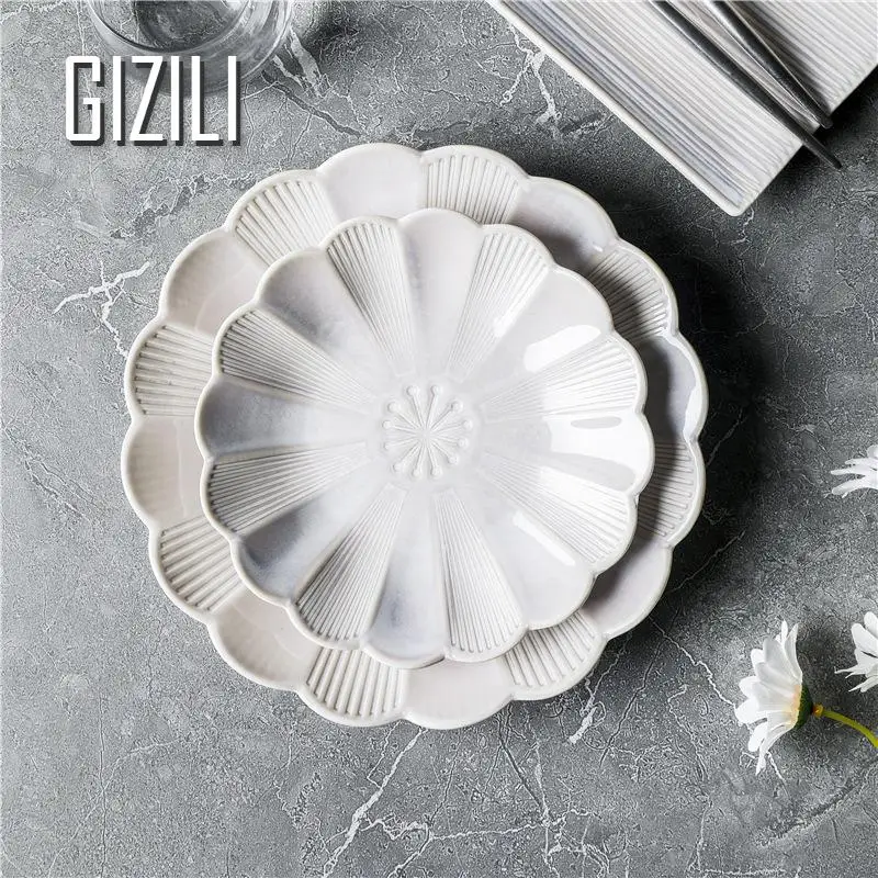 Ceramic Dinner Plates And Bowls Flower Shape Creative Japanese Retro Kiln Changed Tableware Dinnerware Set Plate Platos De Cena