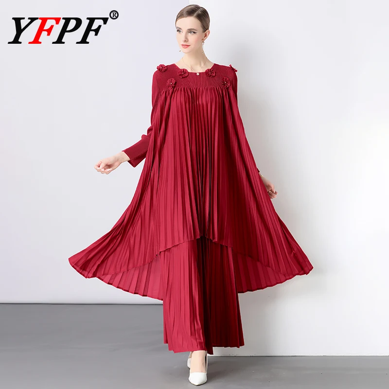 

YFPF Miyake Pleated 2025 Women Two Piece Set 3D Floral Spliced Long Dress + Long Pants Loose Solid Fashion Clothing