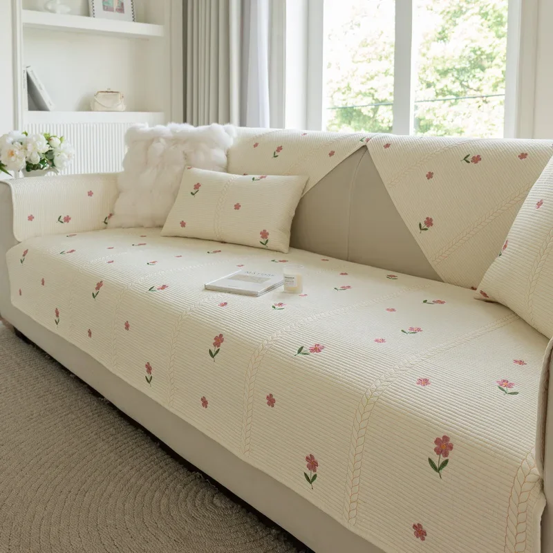 Soft Chenille Embroidery Four Season Universal Sofa Towel, L-shaped Sectional Anti-slip Sofa Cover for Living Room