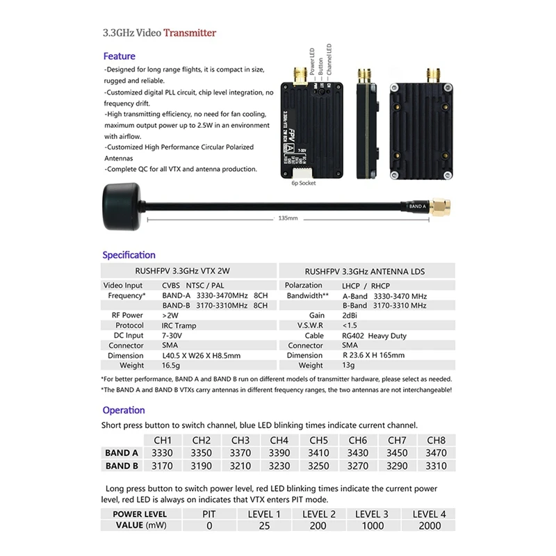 3.3G 2W VTX+Antenna Kit 2000Mw 8CH Audio Video FPV Transmitter For RC FPV Drone Multi-Rotor