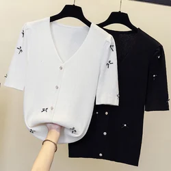 4XL size women solid basic knitting T-shirt top 2022 summer short sleeve v neck bow button oversized sweater pullover