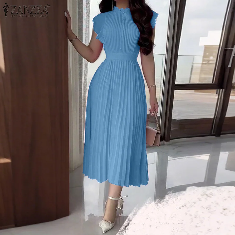 ZANZEA Damenkleid Sommer Ärmellos Plissiert Vestidos 2026 Lässiges OL Arbeitskleid mit Reißverschlüssen Modisches Einfarbiges Rollkragen-Kleid Robe Femme
