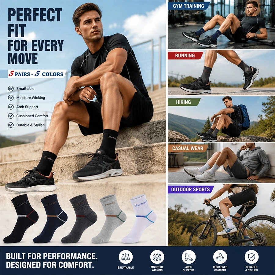 Men's Cotton Running Socks 5 Pairs, Breathable Athletic Cushion Socks for Outdoor Hiking Camping Travel, Great Gift for Husband