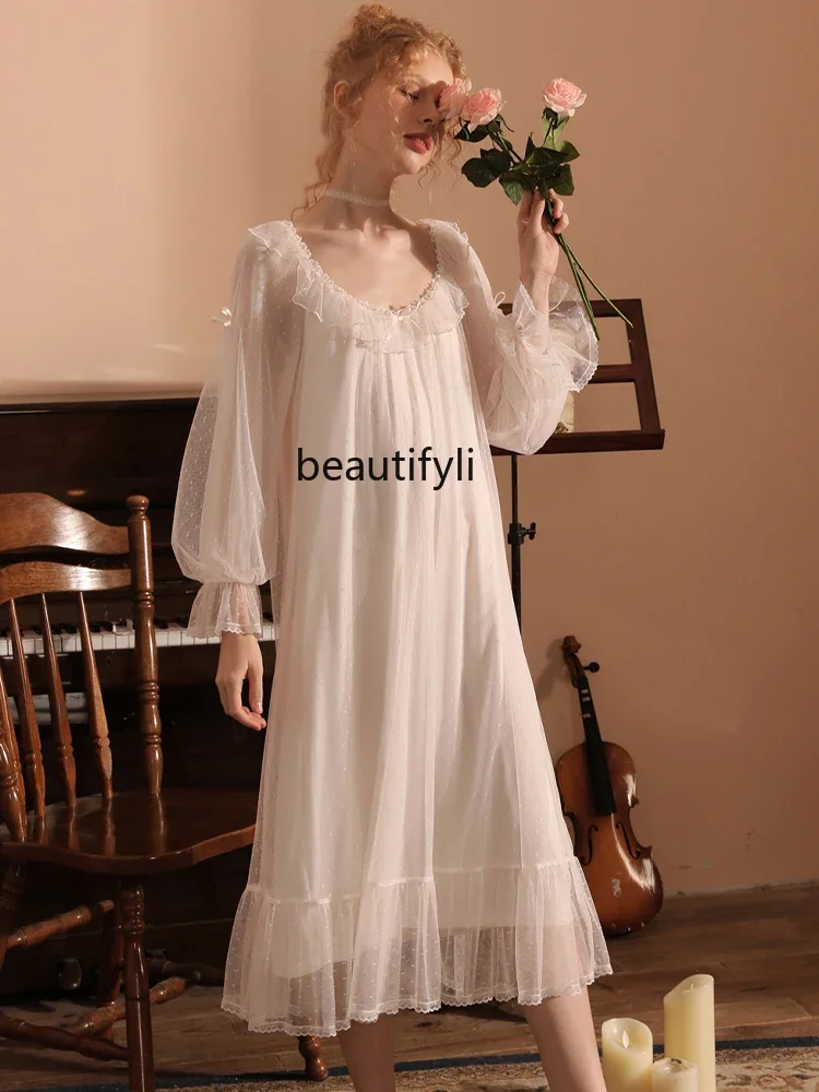 Summer Palace Style Spring and Autumn Sexy Lace Pajamas Morning Gown Princess Style Mesh Women's