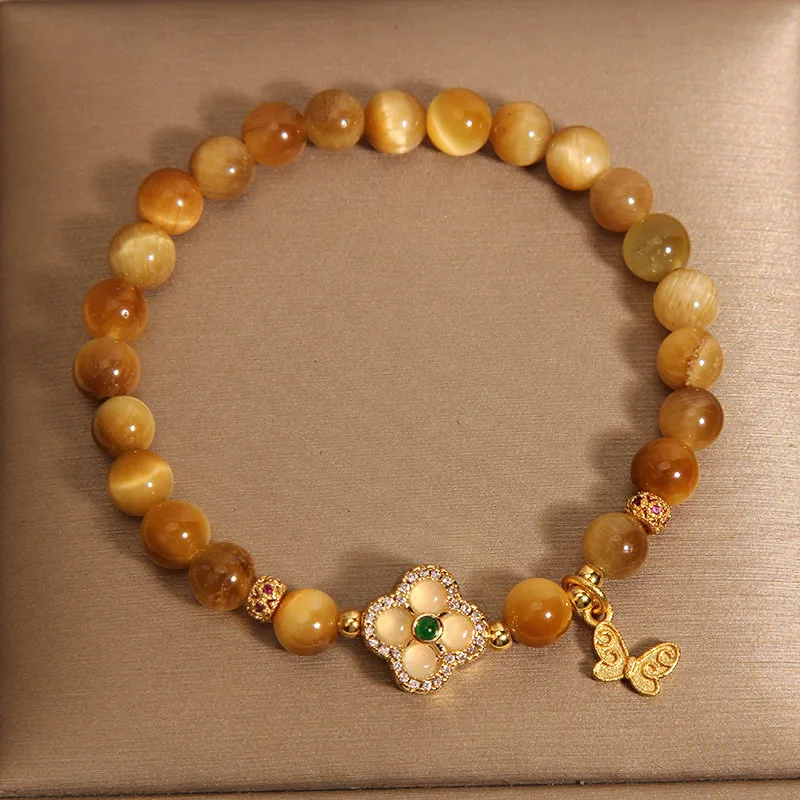 Luxury Golden Tiger Eye Stone Bracelet for Women New Chinese Style Small and Exquisite Retro Four Leaf Clover Bracelet