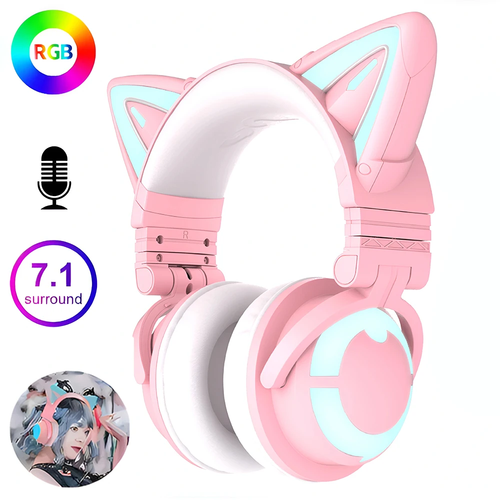 YOWU 3G Wireless Headphone RGB Control 7.1 Surround sound Bluetooth Gaming Headsets Cat Ear Noise Reduction Earphone