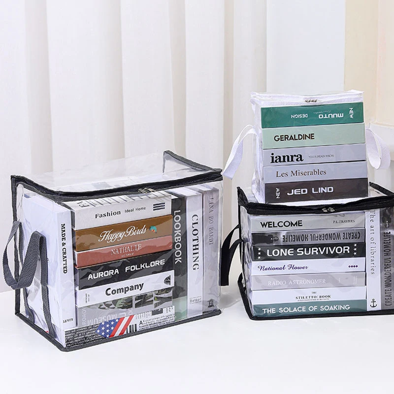 Transparent Zipper Storage Bag Stackable Storage Handle Bags Foldable Book Box Dust Proof Book Organizer Collapsible Clear Pouch
