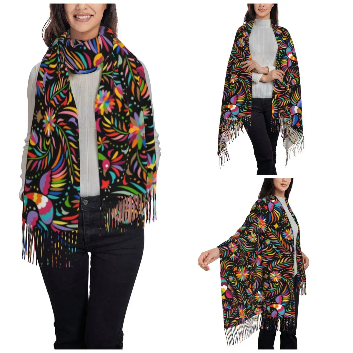 Women\'s Tassel Scarf Retro Mexican Floral Large Winter Fall Shawl and Wrap Ethnic Flowers Daily Wear Cashmere Scarf