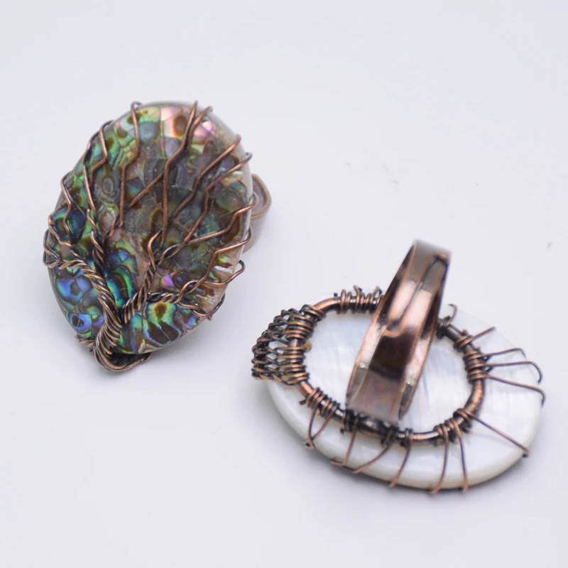 Vintage Natural Abalone Shell Tree of Life Finger Ring Antique Copper Wire Wrap Resizable Female Women Fashion Jewelry