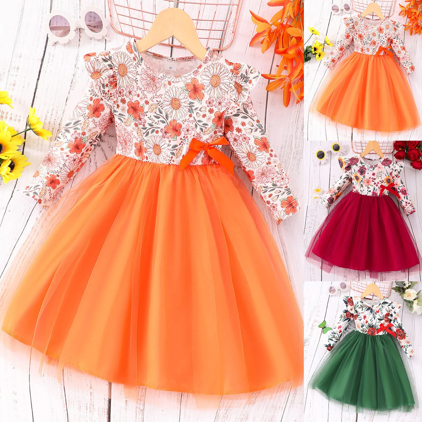 Kids Floral Print Dresses For Girls 2-7Y Patchwork Tulle Princess Dress Party Evening Tutu Dress Autumn Winter Children Clothes