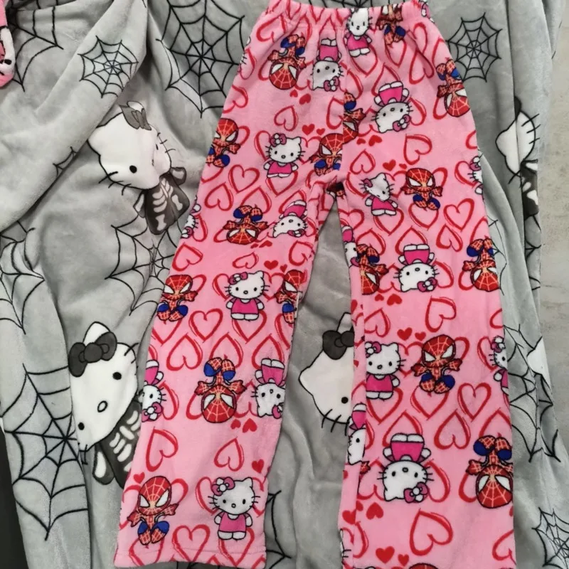 Sanrio Hello Kitty Spider Man Cartoon Flannel Sleep Pants Fashion Loose Straight Tube Pants New High Waist Thick Pajama Pants ﻿