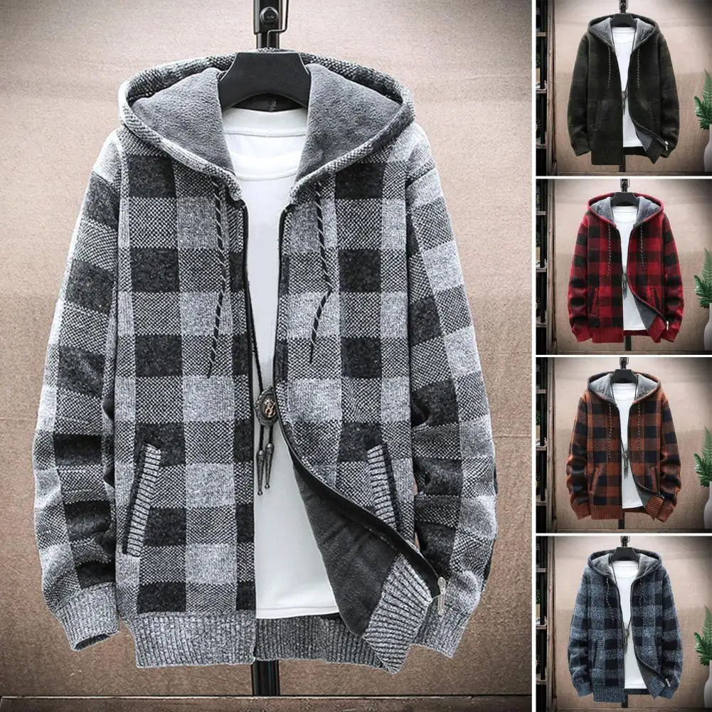 Men Coat Zip-up Knitted Thick Plush Plaid Print Hooded Outerwear Loose Double Pockets Fall Winter Sport Outdoor Hoodie