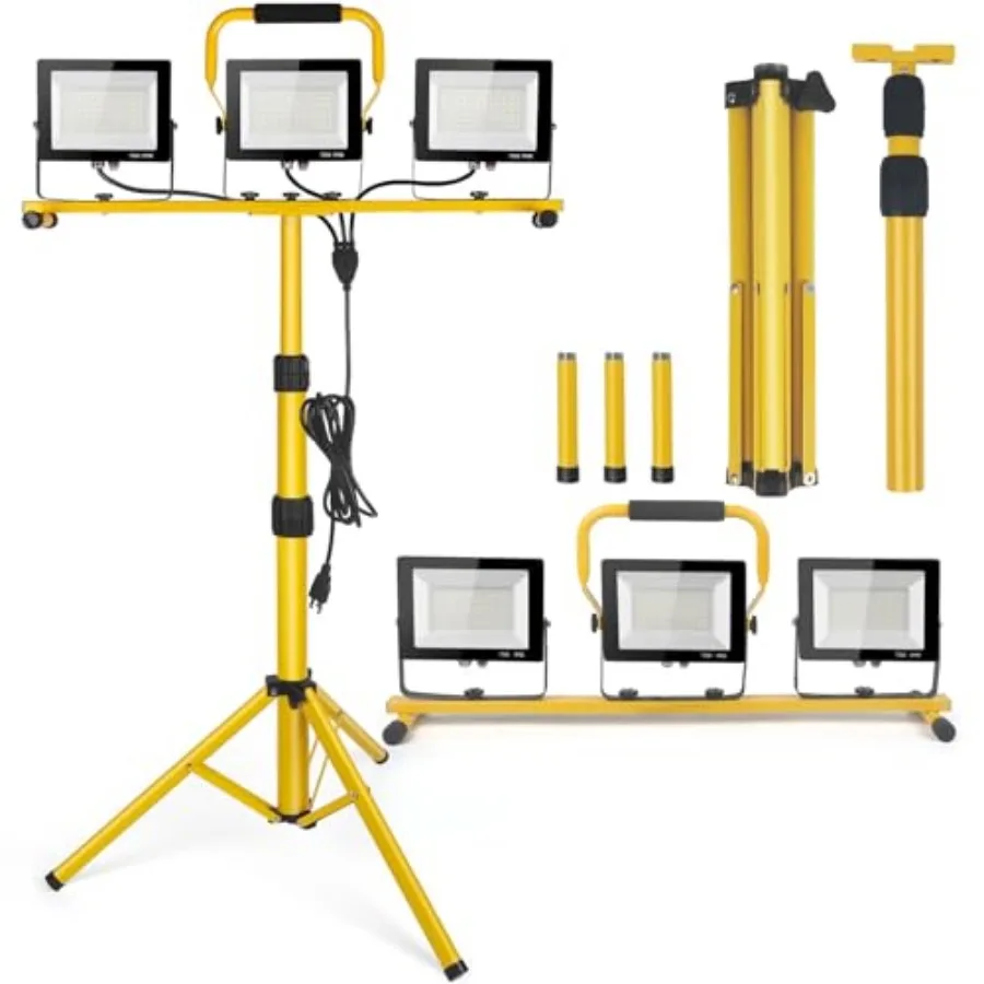 

21000Lumen LED Work Lights with Stand - 3 Head Portable Work Light on Stand - IP66 Waterproof Tripod Worklights for Outdoor Ind
