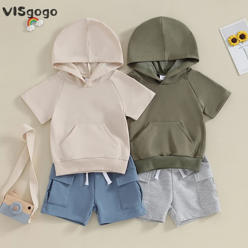 

VISgogo Toddler Boys Summer Outfits Solid Color Hooded Short Sleeve T-Shirts Tops and Pockets Elastic Waist Shorts Clothes Set