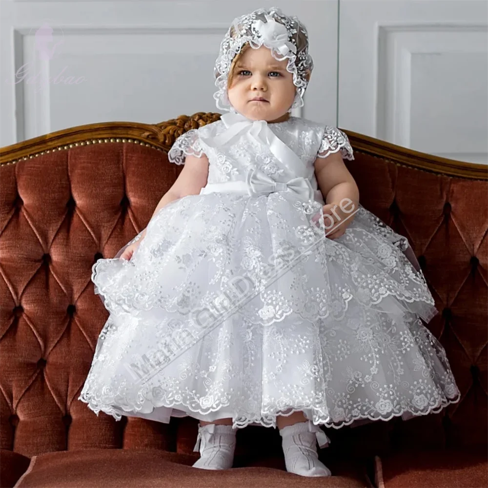 

White Wedding Bridesmaid Dresses Lace Appliques With Bow Short Sleeve For Baptism Prom Party Holy Communion Gown