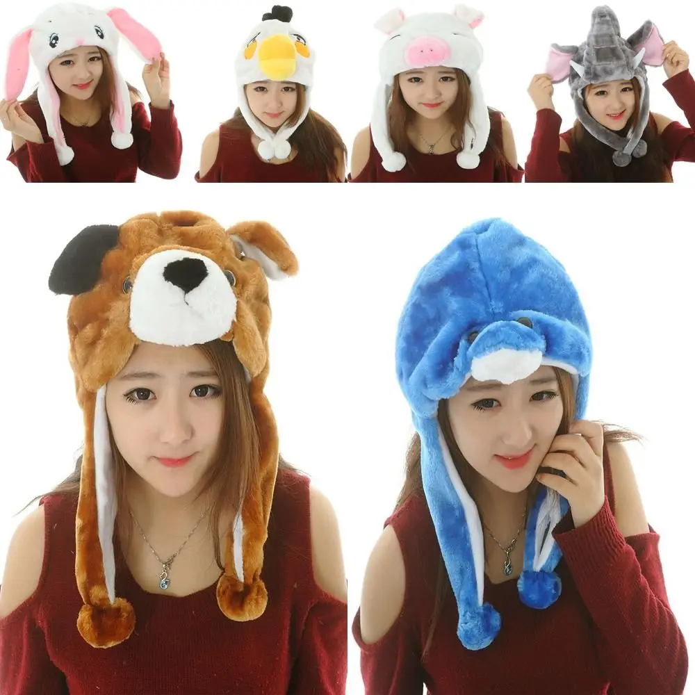 Ear Protection Cartoon Plush Moving Hat Animal Neck Warmer Animal Earflap Hat Movable Ears Airbag Cap Winter