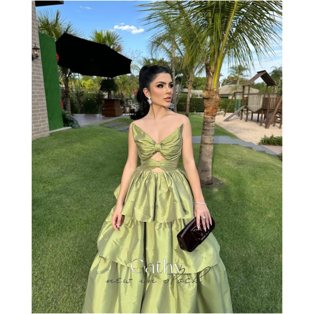 

Cathy Customized Olive Green Bow Cut-out Prom Dress Tiered Ruffle A-line vestidos de noiva Zip Back Floor-length Formal Evening