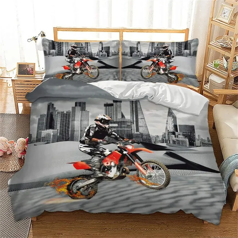 3D Motorcycle Motocross Duvet Cover Racing Dirt Bike Sports Cross-country Race Bedroom Decoration Men Teens Boys Kids Children