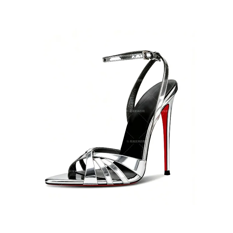 

New sexy 12cm cross strap high heels for women with pointed ultra-fine heels and a single buckle with hollow oversized sandals