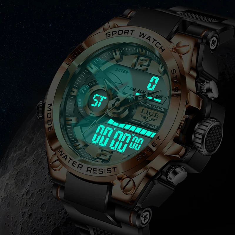 LIGE جديد فاخر كوارتز ساعة مزدوجة كبيرة الرجال موضة عسكرية الرجال ساعة رقمية عادية الأعمال الرياضية مقاوم للماء كرونوغراف الذكور #3