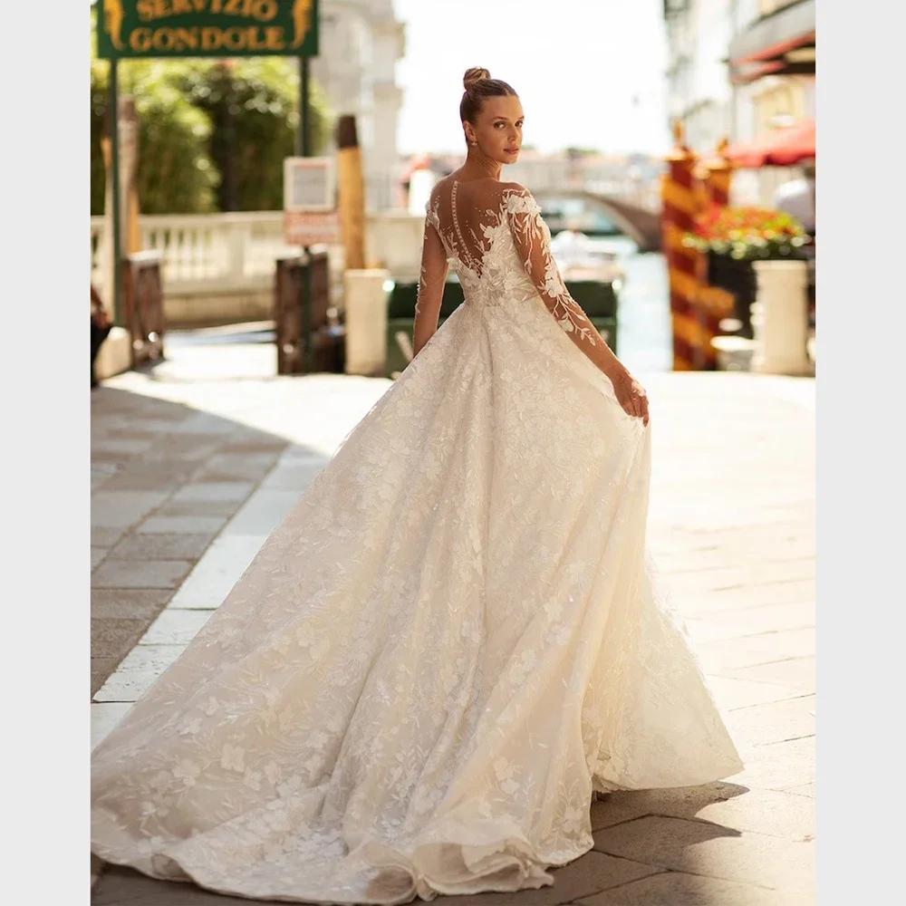 

Gorgeous Wedding Dress Long Sleeve Appliques Beading Floor Length Customized Pleat Sweetheart Elegant Women Vestidos2024