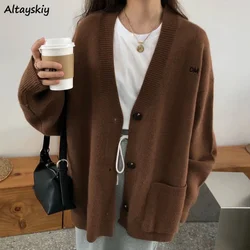 Casual Cardigans Women Korean Letter Chic Harajuku Females All-match Gentle Preppy Style Loose V-neck Sweaters Outwear Thicker