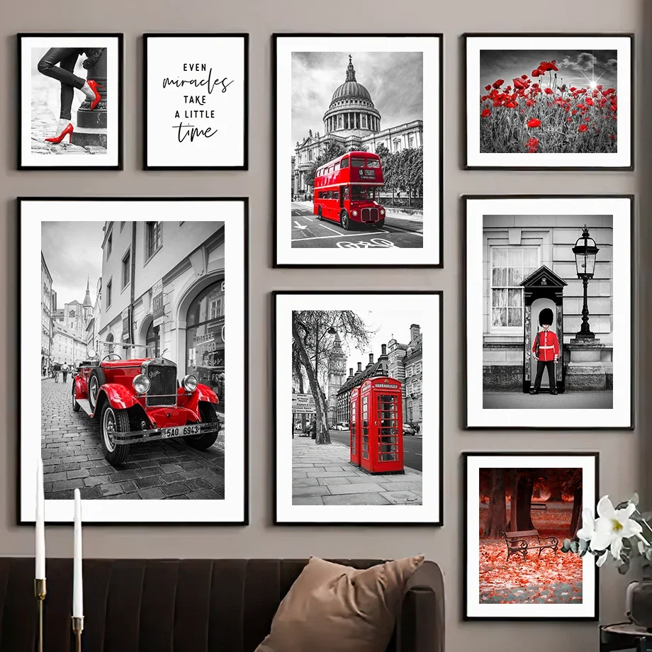 

Fashion Paris Lady Red Vintage Car Black White Nordic Wall Art Canvas Painting - Living Room Decorative Posters And Prints