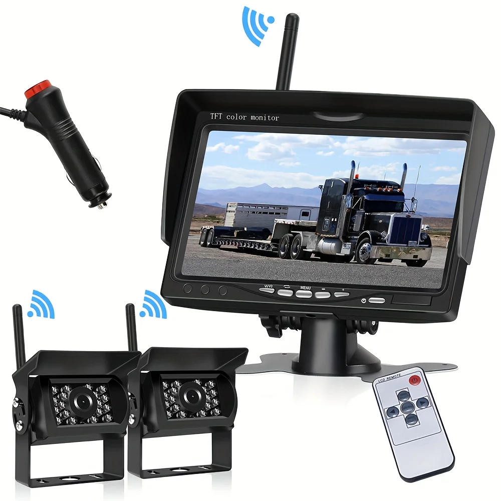 2-Camera Wireless 7 HD Backup Monitor Kit - Crystal Clear Rear View for Trucks, Trailers & Buses - Seamless Wireless Setup