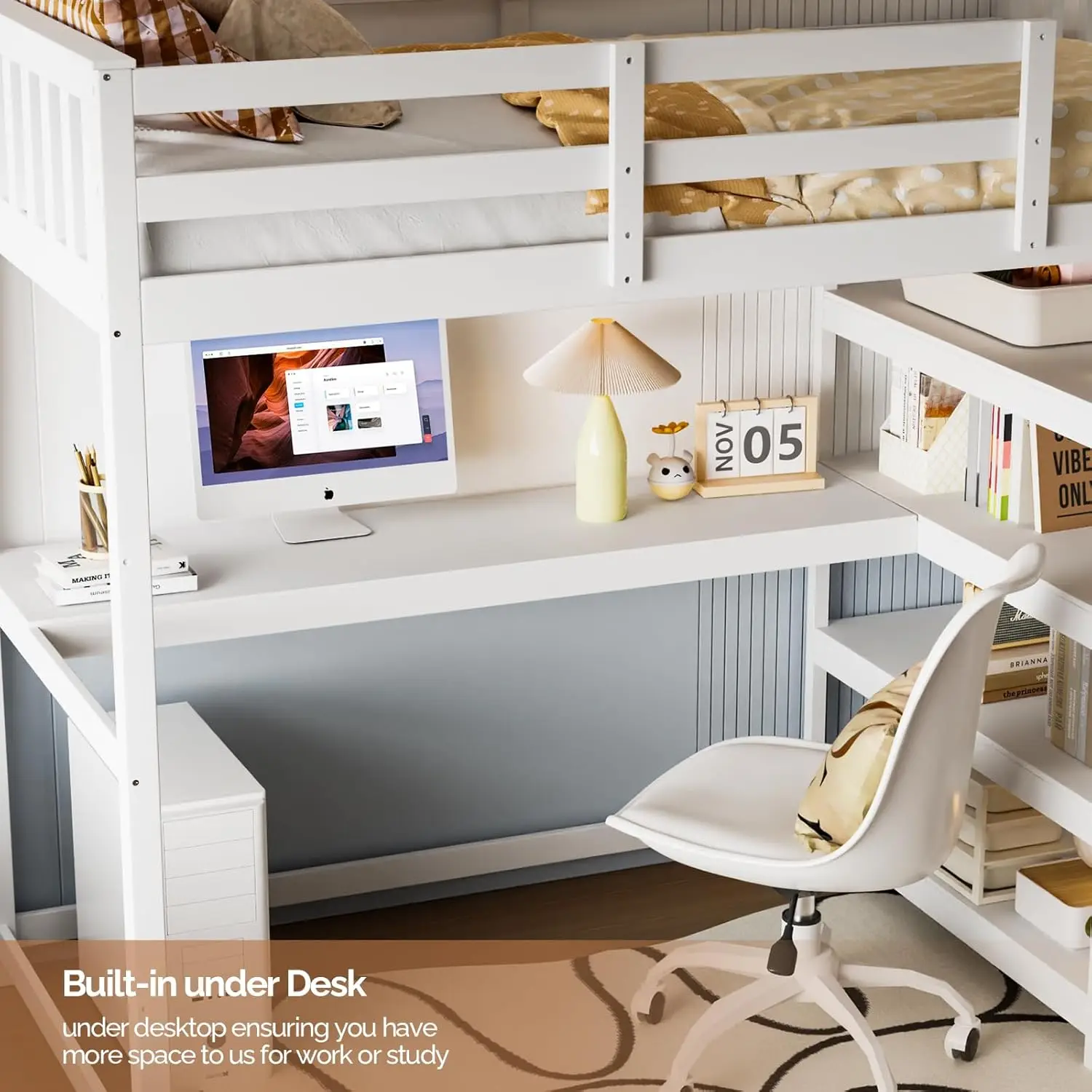 Twin-Size-Hochbett mit Schreibtisch, Bücherregal und 4-stufigen Ablageflächen für Kinder und Erwachsene