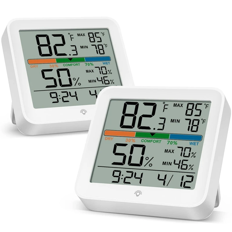 2 Pack Digital Thermometer Indoor Hygrometer Clock Calendar Calibration Backlight , Temperature Gauge Humidity Monitor