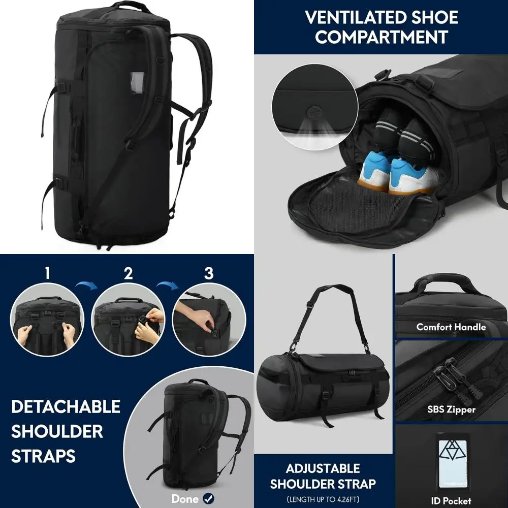 

Large 90L Durable Travel Backpack with Shoe Compartment, Water-Resistant, Black