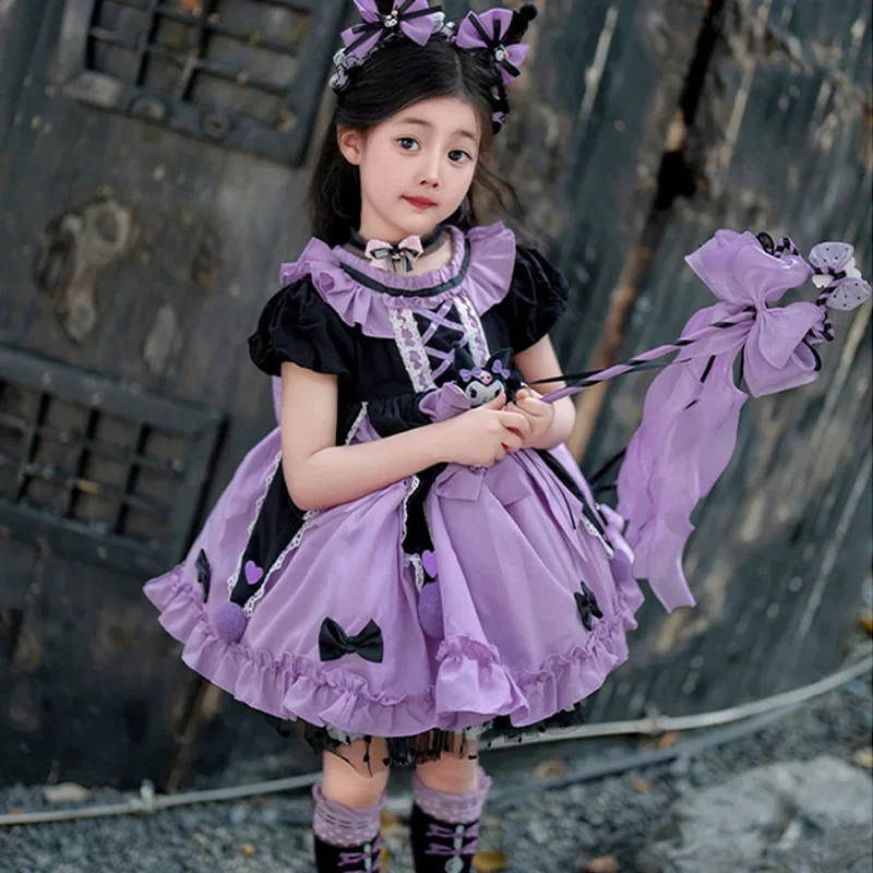 2024 Sanrio Cosplay Kuromi Lolita Princess Dress Summer Children\'s Costume Dress Puffy Skirt Suit Cute Girl Birthday Kawaii Gift