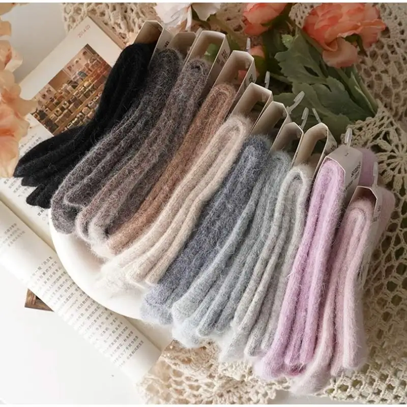 3pairs Winter Wool Women's Socks Thickened Knitted Warm Medium Tube Socks Newest Korean Ins Solid Color Soft Stockings Girls