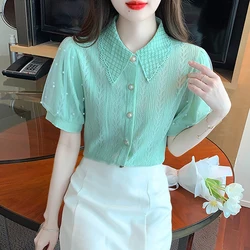 Summer Short Sleeve Doll Collar Women Shirt Fashion Chiffon Shirt Blouse Women Tops Blusas Mujer De Moda 2024 Verano Blusa J27