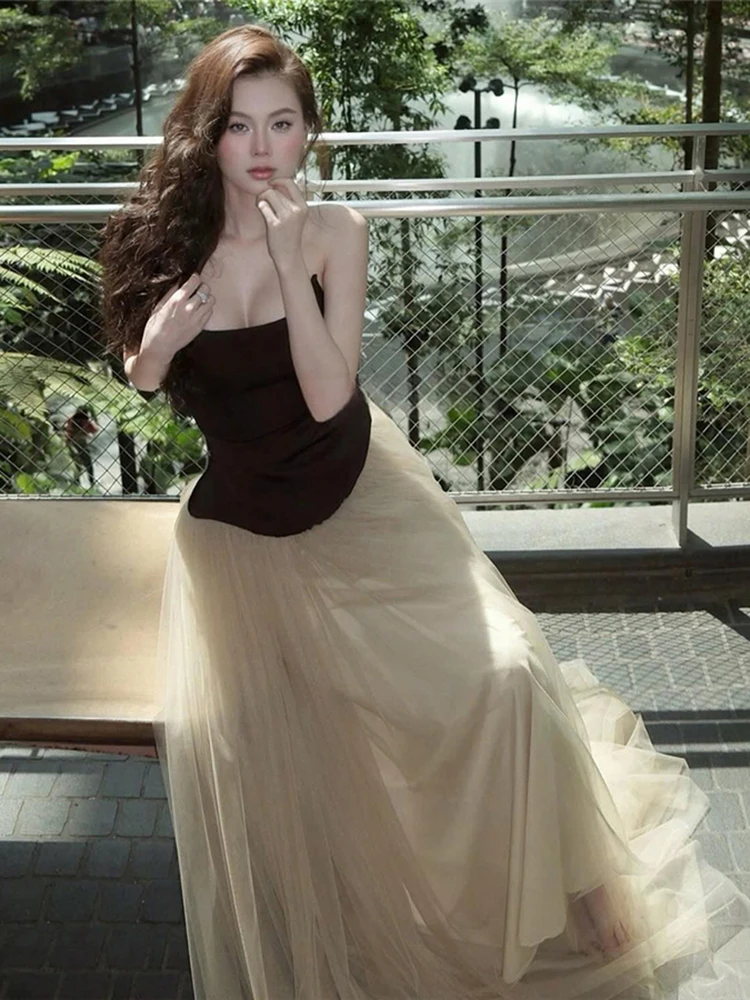 Estranho gato retalhos em camadas vestido feminino sexy sem alças malha elegante princesa noite festa de aniversário simples magro maxi bodycon