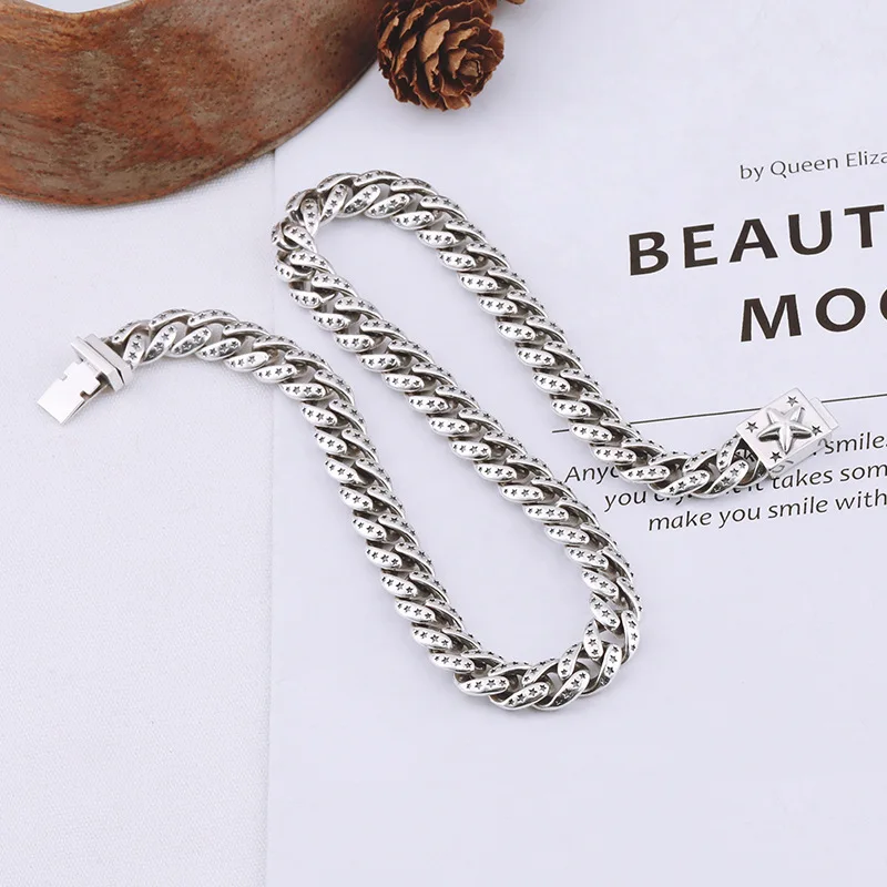 S925 sterling silver necklace simple and fashionable trendy punk personality style five pointed star long chain