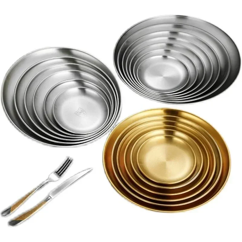 Thickened Stainless Steel Golden Round Fruit Plate, Cake Plate, Bone Tray, BBQ Plate, Flat Bottom, Shallow Tray