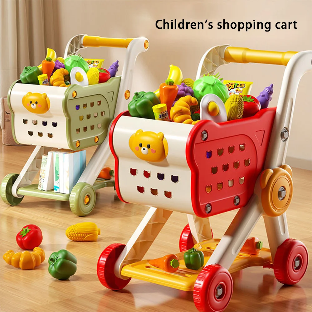 Children’s Shopping Cart Toy with Food Accessories Pretend Play Supermarket Handcart Kitchen Educational Gift