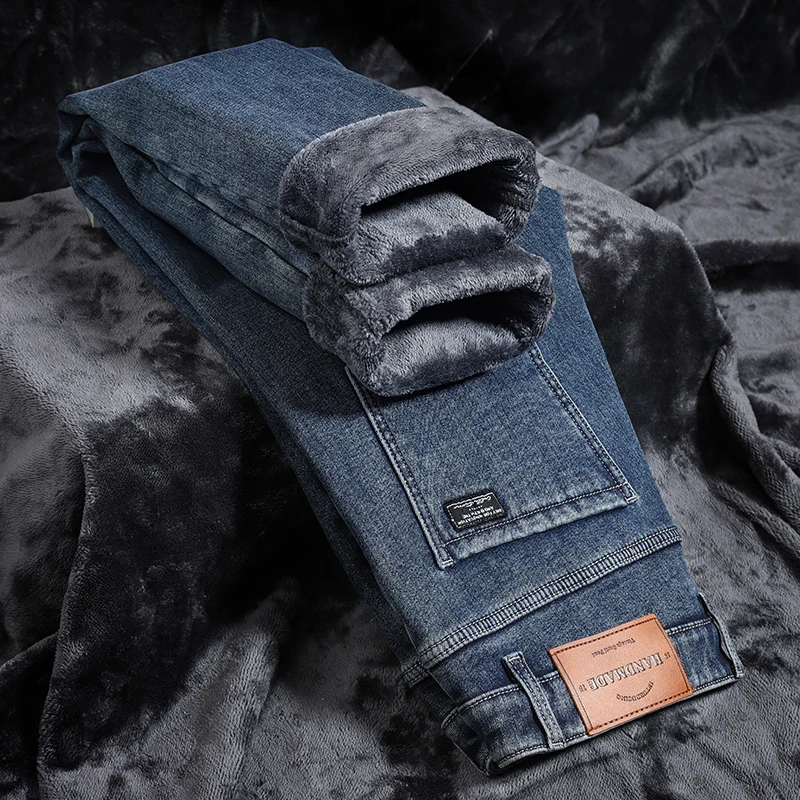 2025 New Winter Men's Slim Fleece Jeans Thick Elastic Denim Pants Warm Straight Casual Male Clothes Fashion Plush Trousers
