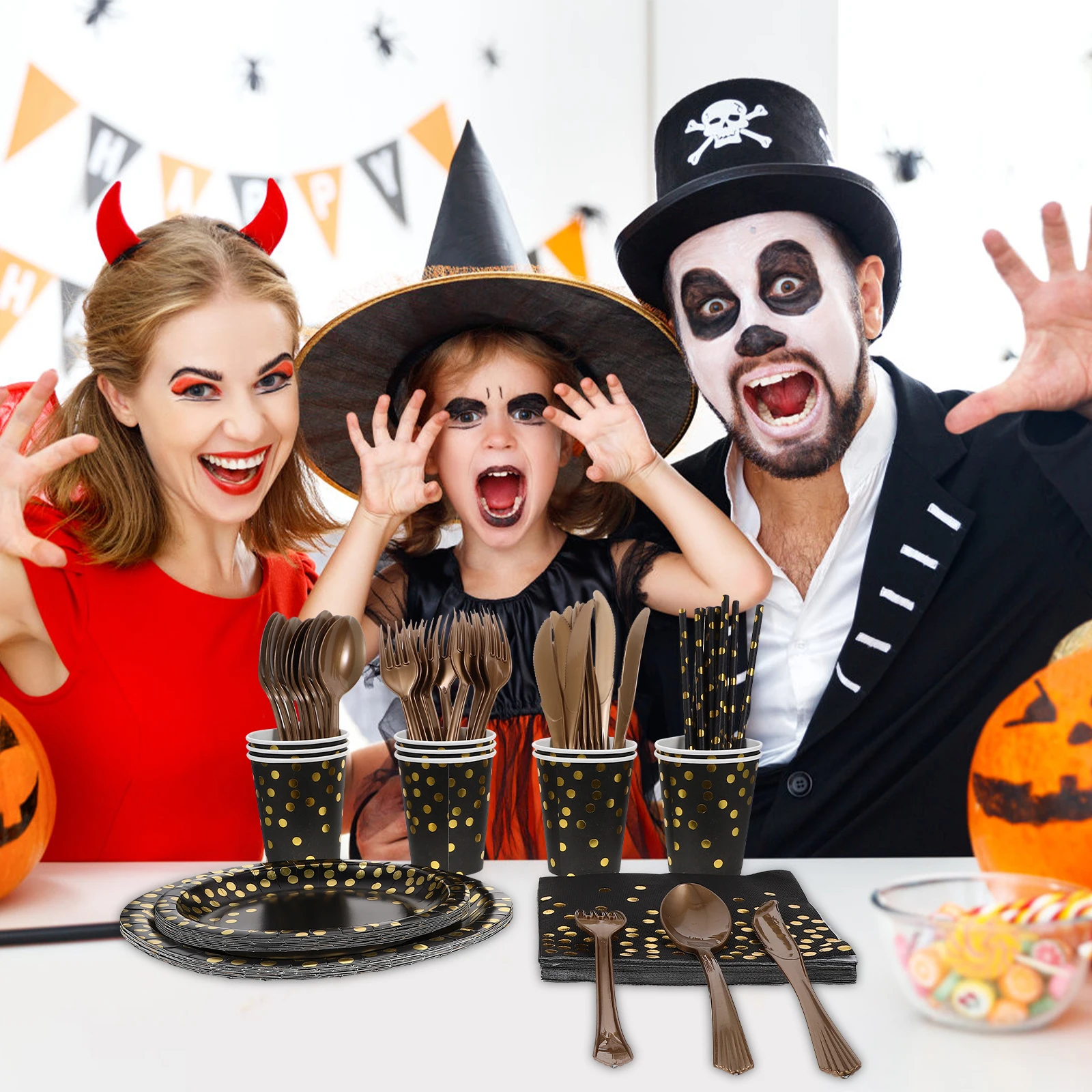 

8 piece Disposable Paper Plates Cups Kit Night Halloween Party Tableware Birthday Weddings Anniversaries Festival Safe