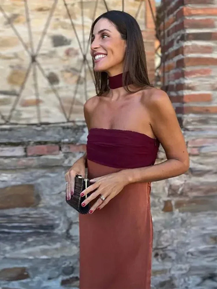 Vintage Satin Strapless Patchwork Dress Women Elegant Sleeveless Backless Ribbon Split Dresses 2024 Summer Lady Chic Party Robes