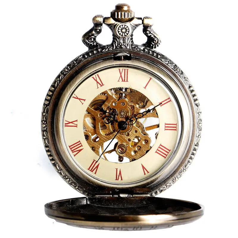 Steampunk Pocket Watch Brons Tone Case Heren Mechanische Opwindketting Romeinse Numeral Display Leuk Cadeau