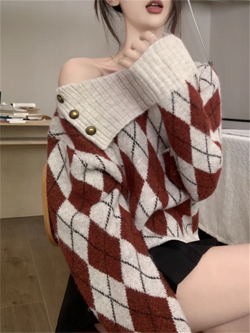 PLAMTEE Classic Sweaters Office Lady Plaid Women Knitwear Loose Winter Gentle 2025 New Casual Pullovers Daily Off Shoulders