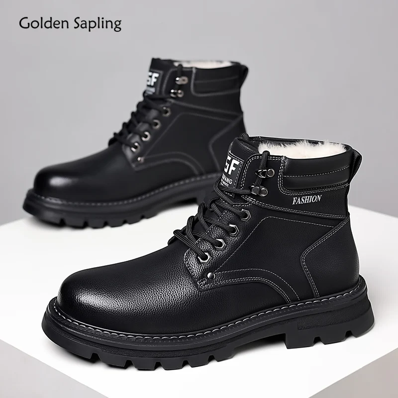 

Golden Sapling British Style Warm Men's Boots Classics Black Leather Male Ankle Botas Outdoor Rouns Toe Thicken Plush Shoes Man