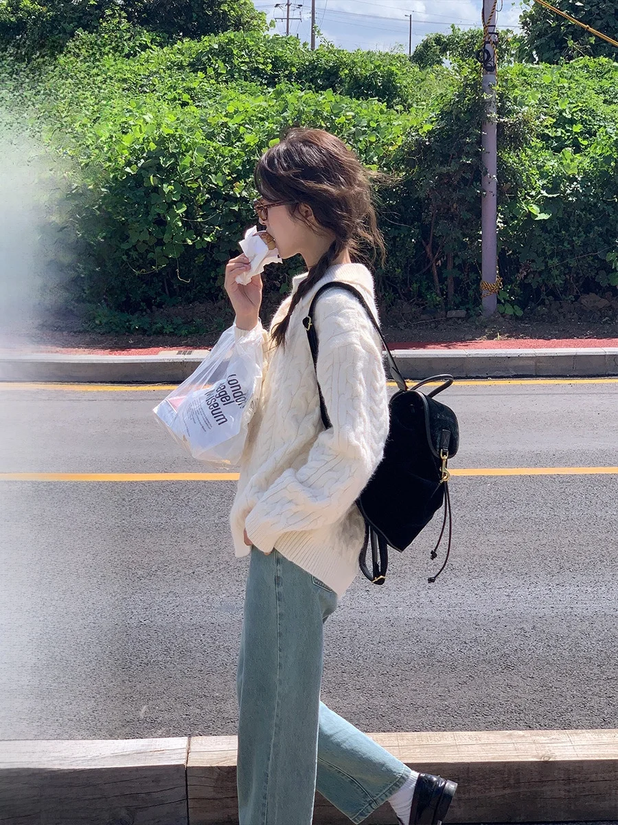 

Loose Women's Knitted Sweater Autumn Winter Pure Color Basic Collar Twist Knitwear V-ne Flip Collar Warm Thermal Long ...