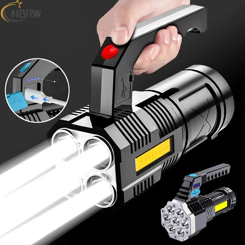 Lanterna LED recarregável USB portátil, Lanterna de mão impermeável, Lanternas LED COB para acampamento ao ar livre e caminhadas, Núcleo 4-7