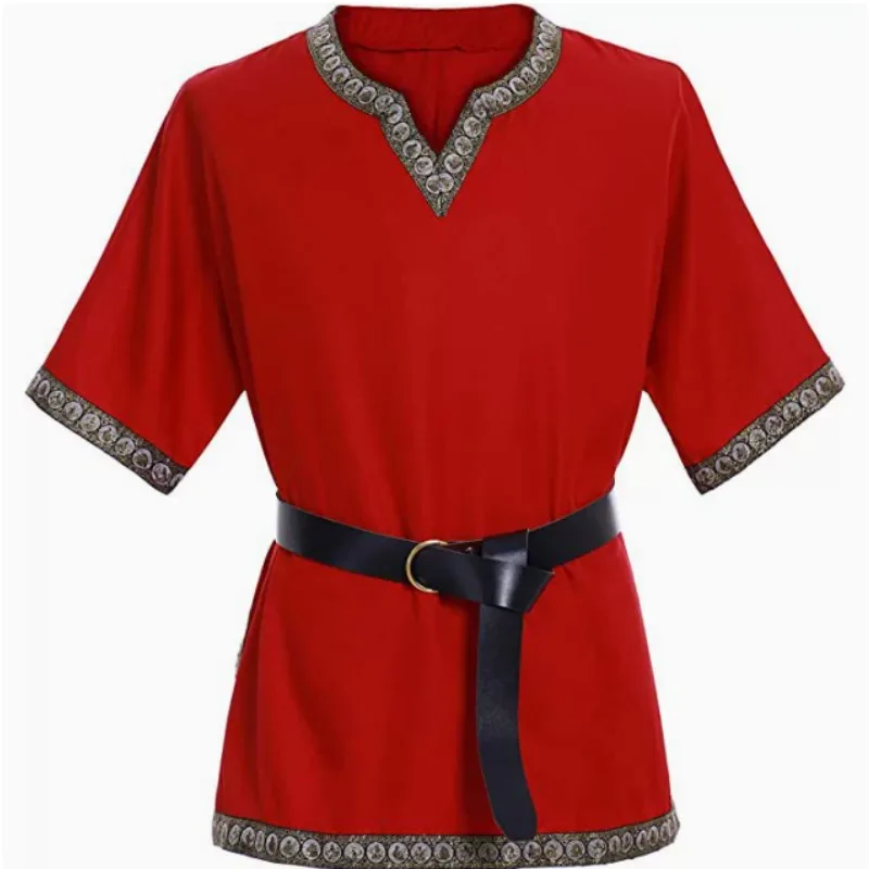 

Medieval Belted Shirt Red V Neck Renaissance Viking Costume Short Sleeve Retro