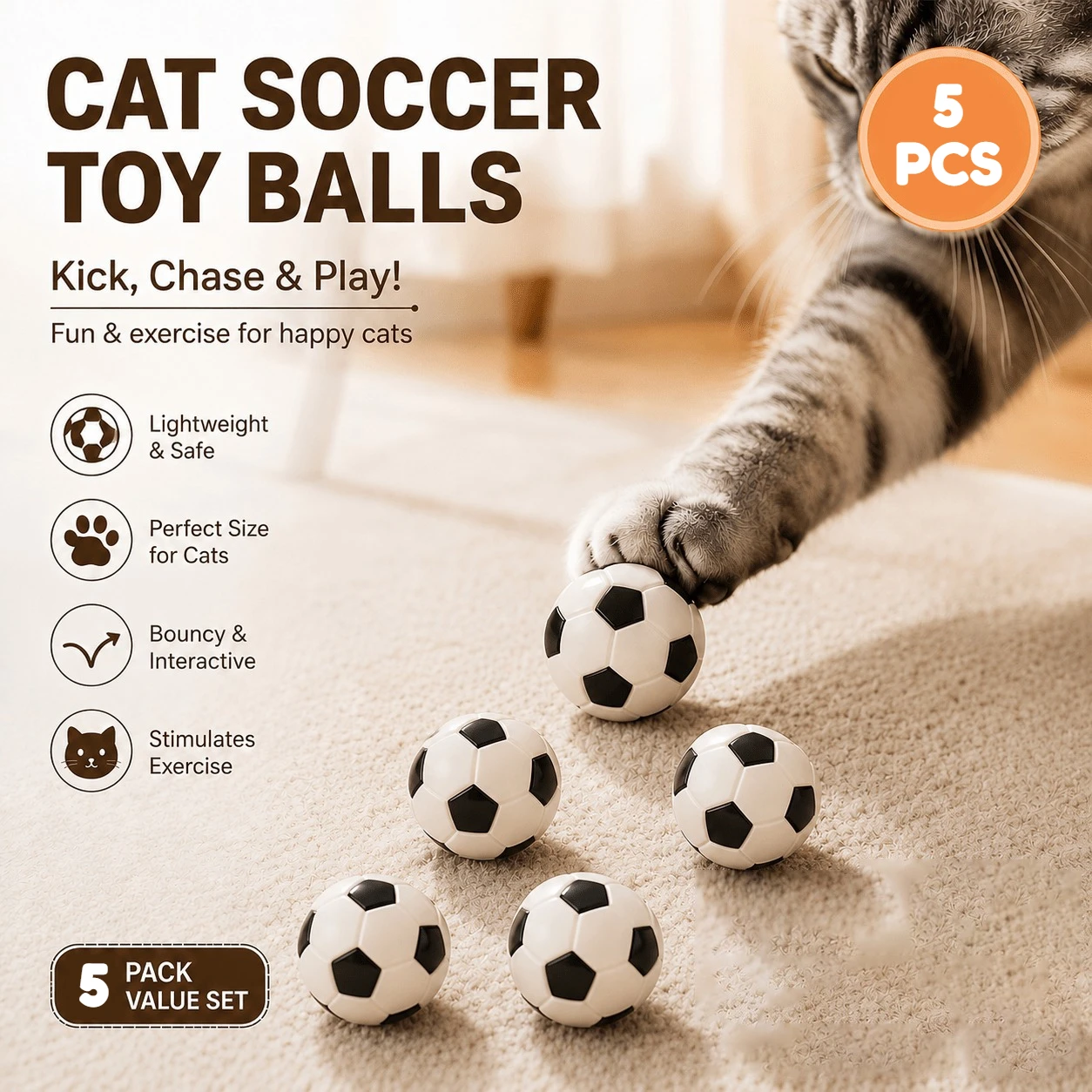 5 jouets de football pour chats – balles roulantes interactives pour chatons et chats adultes, légers et durables, divertissement en intérieur